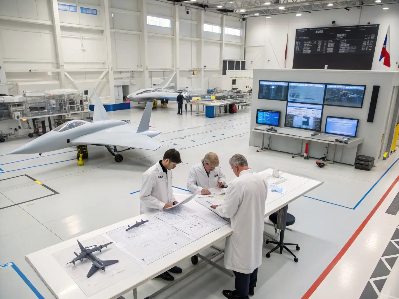 An image of engineers collaborating over aerospace components with technical drawings and testing equipment, representing OA Engineering & Innovations' expertise in aerospace and defence consultancy.