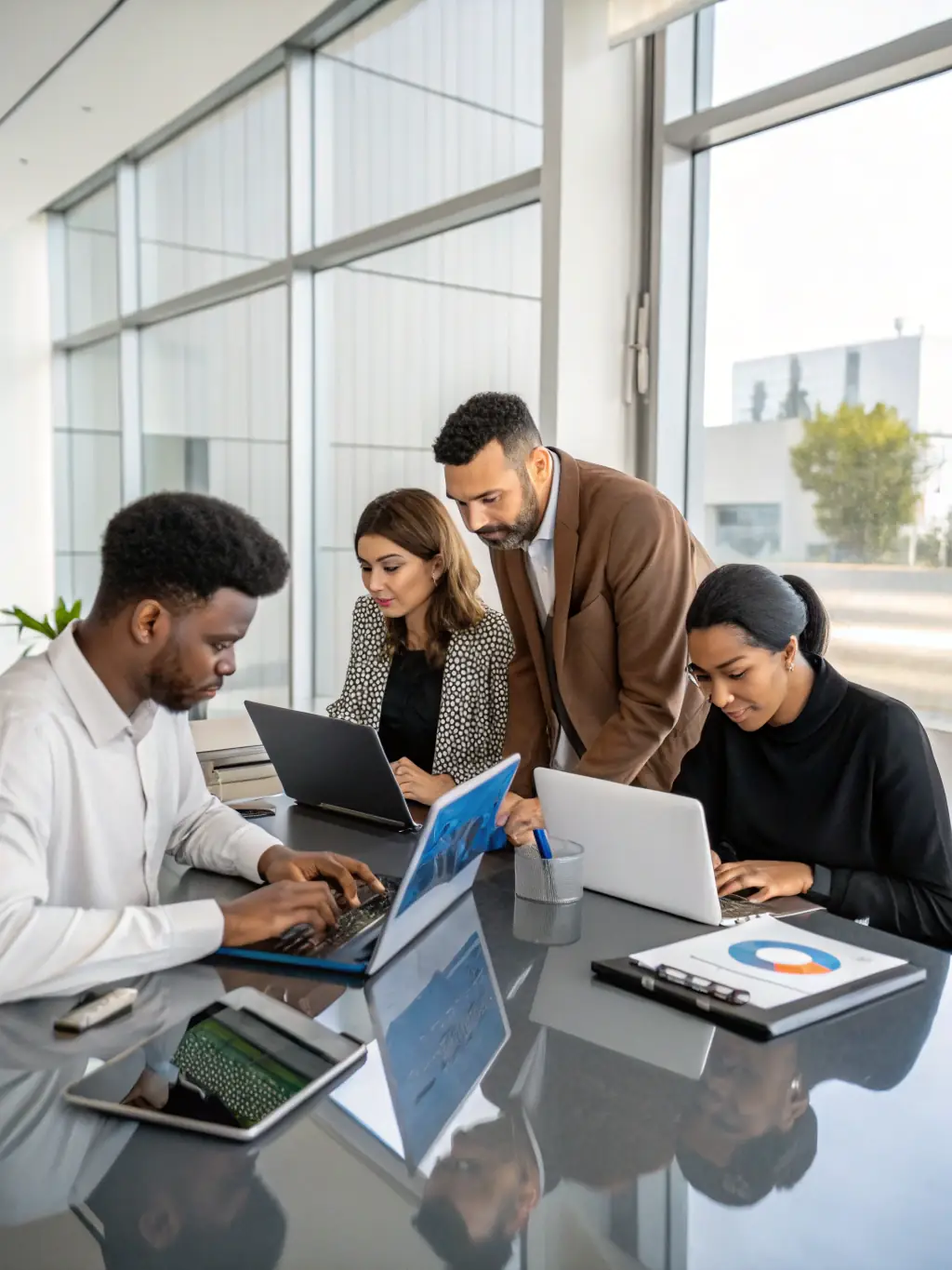 A diverse team of remote professionals working collaboratively on laptops, representing OA Stride's remote talent solutions connecting the UK and Africa.