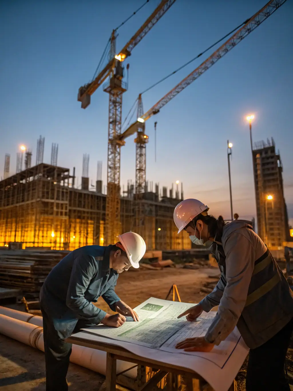 A group of architects and construction workers reviewing blueprints on a construction site, symbolizing OA Design & Build's expertise in construction and development.
