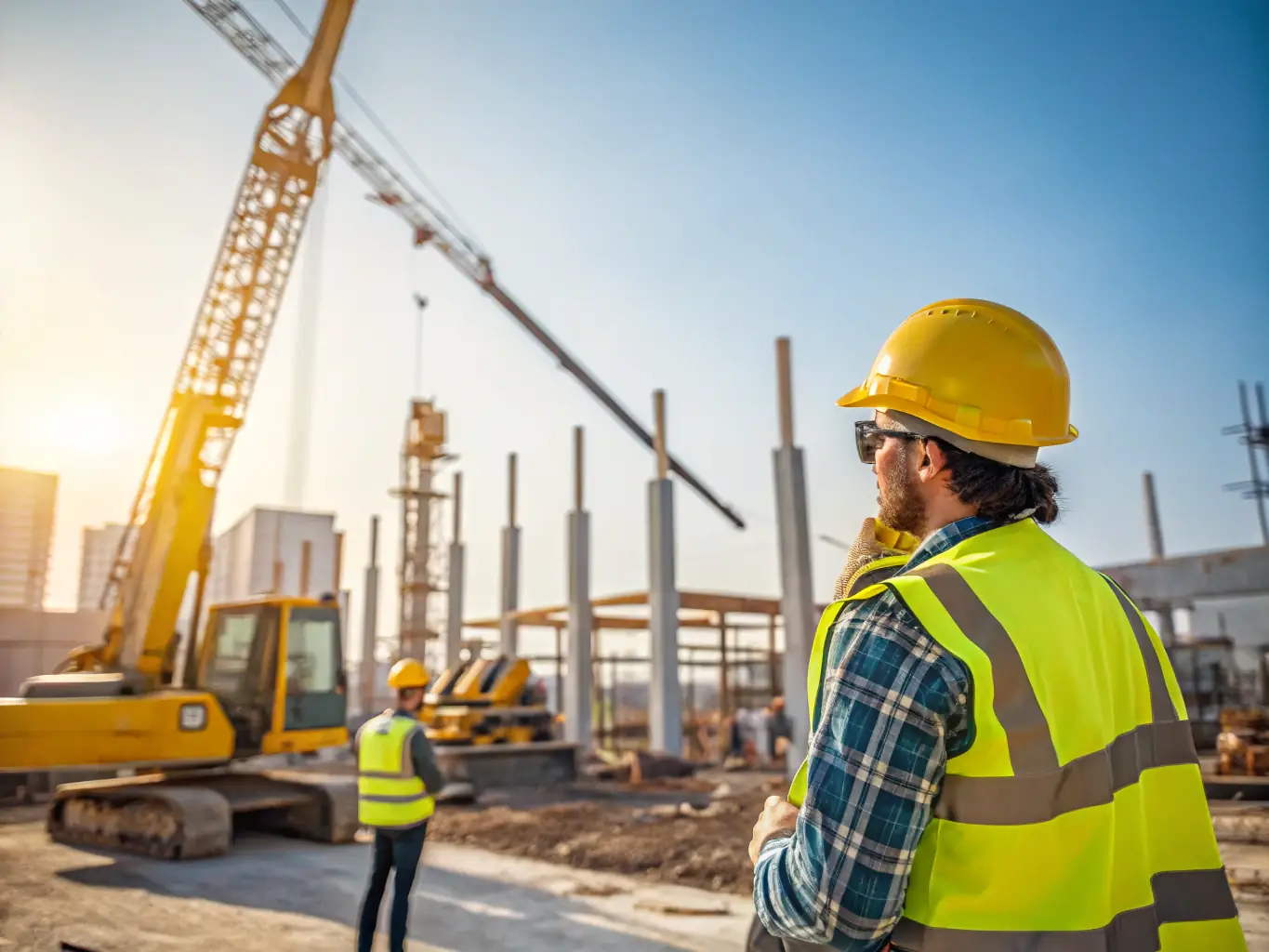 A modern construction site with workers, cranes, and completed residential/commercial buildings, showcasing OA Design & Build's construction services.
