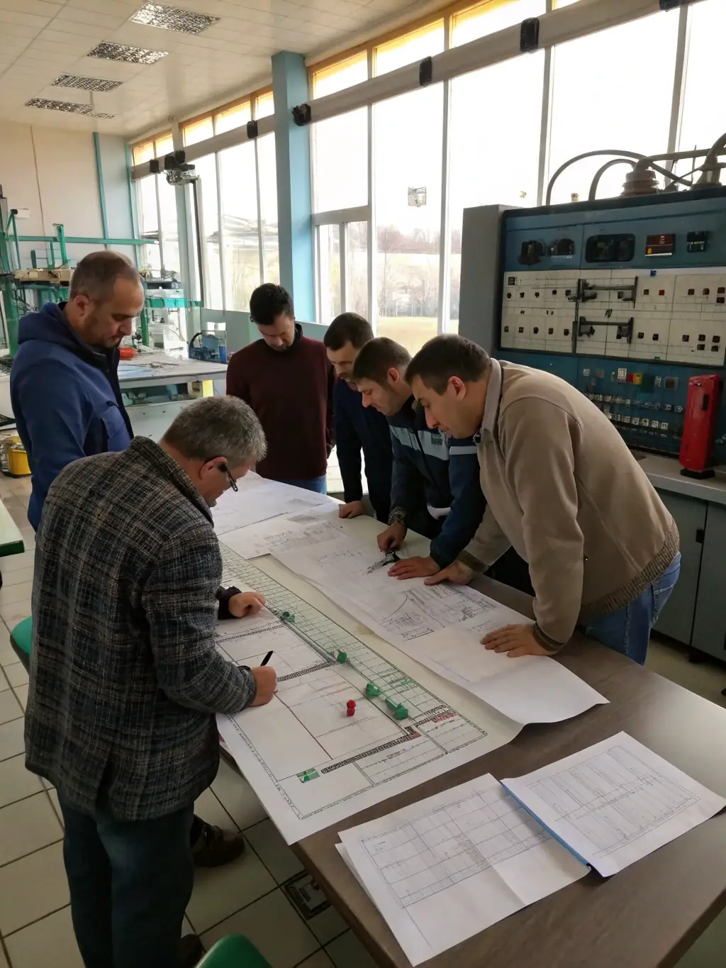 A modern office setting with engineers collaborating on a project, showcasing OA Engineering & Innovations' expertise in aerospace and defence consultancy.